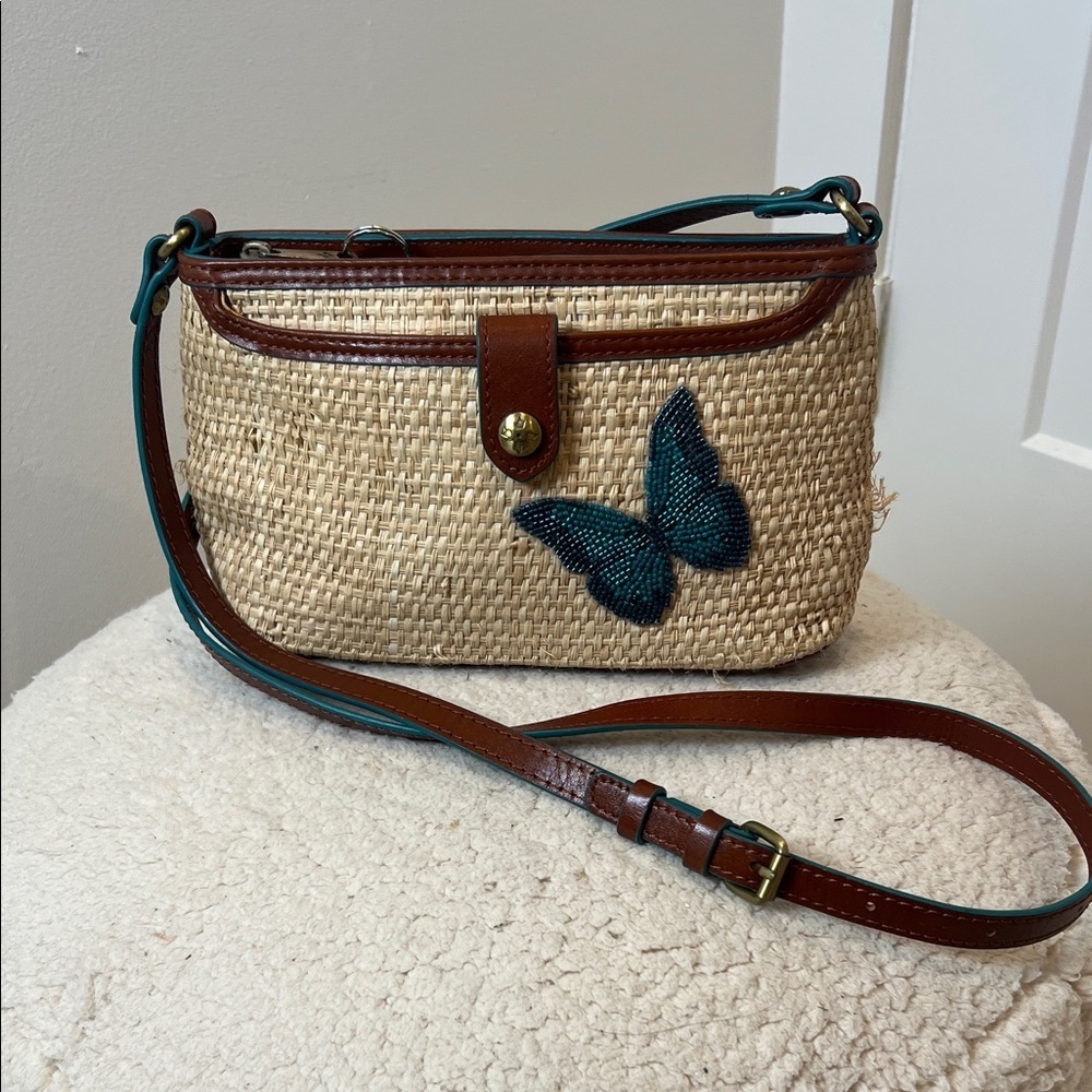 Patricia Nash Brown and Tan Woven Crossbody Bag with Butterfly Accent.